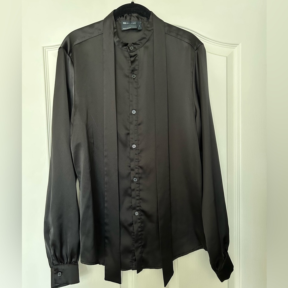 ASOS MENS BLACK SILK-LIKE BUTTON DOWN WITH TIE SCARF SZ S